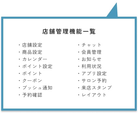 店舗管理機能一覧 店舗設定、チャット、商品設定、会員管理、予約確認機能など